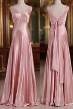 Vintage Mermaid V Neckline Pink Satin Long Prom Dresses Party Evening Dresses