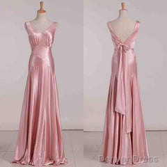 Vintage Mermaid V Neckline Pink Satin Long Prom Dresses Party Evening Dress