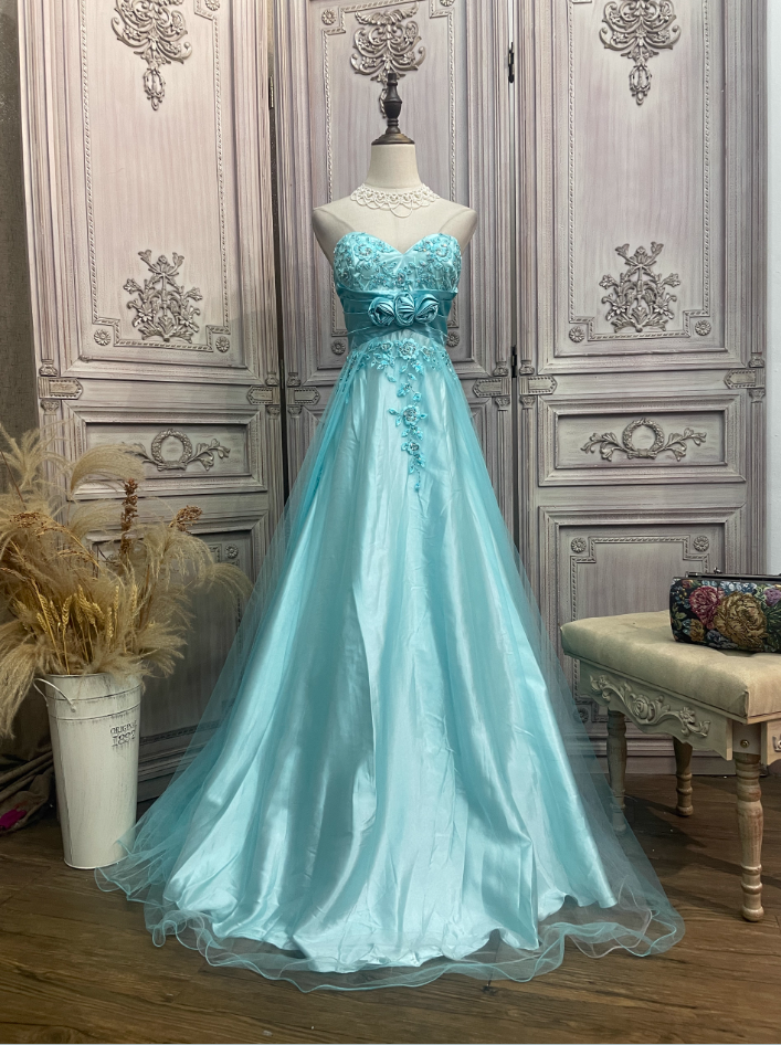 Vintage Mint Ice Blue A-Line Strapless 3D Floral Embroidery Satin Tulle Long Prom Dresses Evening Dresses Secondary image