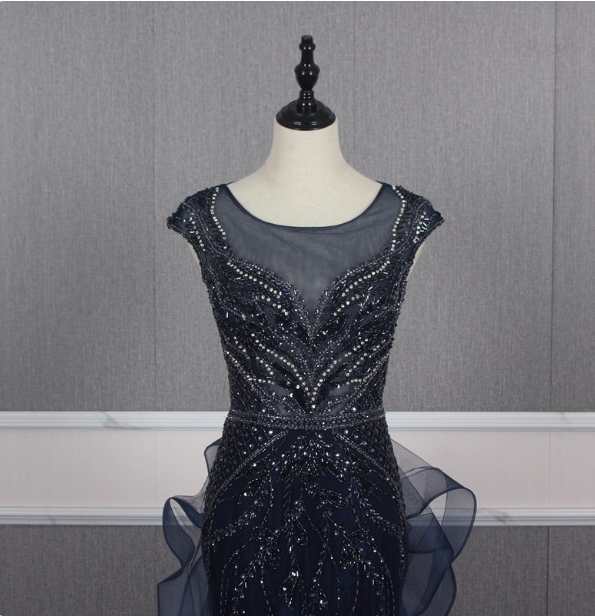 Vintage Navy Blue Mermaid Crew Neck Beaded Tulle Train Prom Dresses Evening Dresses Secondary image