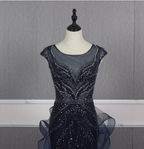 Vintage Navy Blue Mermaid Crew Neck Beaded Tulle Train Prom Dresses Evening Dresses