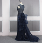 Vintage Navy Blue Mermaid Crew Neck Beaded Tulle Train Prom Dresses Evening Dresses