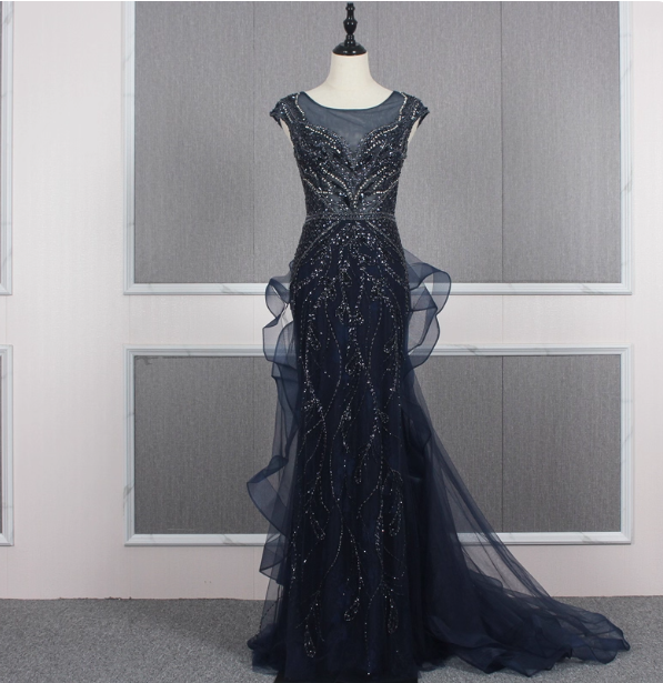 Vintage Navy Blue Mermaid Crew Neck Beaded Tulle Train Prom Dresses Evening Dresses