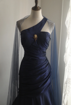 Vintage Navy Blue Mermaid One-Shoulder Satin Long Prom Dresses Evening Dresses