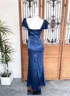 Vintage Navy Blue Mermaid Puff Sleeve Satin Long Prom Dresses Evening Dresses
