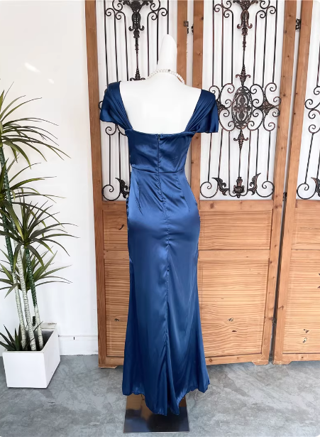 Vintage Navy Blue Mermaid Puff Sleeve Satin Long Prom Dresses Evening Dresses