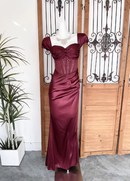 Vintage Navy Blue Mermaid Puff Sleeve Satin Long Prom Dresses Evening Dresses
