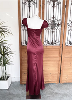Vintage Navy Blue Mermaid Puff Sleeve Satin Long Prom Dresses Evening Dresses