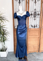 Vintage Navy Blue Mermaid Puff Sleeve Satin Long Prom Dresses Evening Dresses