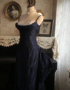 Vintage Navy Blue Mermaid Spaghetti Strap Square Neck Backless Satin Train Prom Dresses Evening Dresses