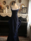 Vintage Navy Blue Mermaid Spaghetti Strap Square Neck Backless Satin Train Prom Dresses Evening Dresses