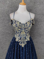 Vintage Navy Blue Off-Shoulder Gold Embroidered Rhinestone Tulle Long Prom Dresses Evening Dresses