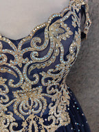 Vintage Navy Blue Off-Shoulder Gold Embroidered Rhinestone Tulle Long Prom Dresses Evening Dresses