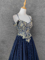 Vintage Navy Blue Off-Shoulder Gold Embroidered Rhinestone Tulle Long Prom Dresses Evening Dresses