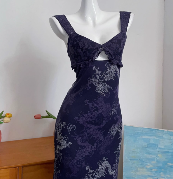 Vintage Navy Blue Spaghetti Strap Printed Lace Tulle Long Prom Dresses Evening Dresses