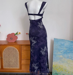 Vintage Navy Blue Spaghetti Strap Printed Lace Tulle Long Prom Dresses Evening Dresses