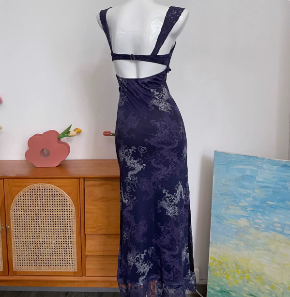 Vintage Navy Blue Spaghetti Strap Printed Lace Tulle Long Prom Dresses Evening Dresses