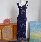 Vintage Navy Blue Spaghetti Strap Printed Lace Tulle Long Prom Dresses Evening Dresses