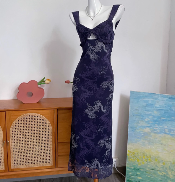 Vintage Navy Blue Spaghetti Strap Printed Lace Tulle Long Prom Dresses Evening Dresses