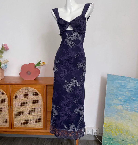 Vintage Navy Blue Spaghetti Strap Printed Lace Tulle Long Prom Dresses Evening Dresses