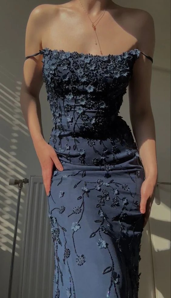 Vintage Navy Blue Spaghetti Straps Prom Dress Sexy Mermaid Prom Dresses