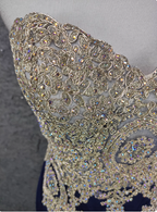 Vintage Navy Blue Sweetheart Neck Lace Rhinestone-Embellished Tulle Long Prom Dresses Evening Dresses