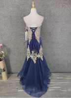 Vintage Navy Blue Sweetheart Neck Lace Rhinestone-Embellished Tulle Long Prom Dresses Evening Dresses