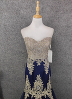 Vintage Navy Blue Sweetheart Neck Lace Rhinestone-Embellished Tulle Long Prom Dresses Evening Dresses