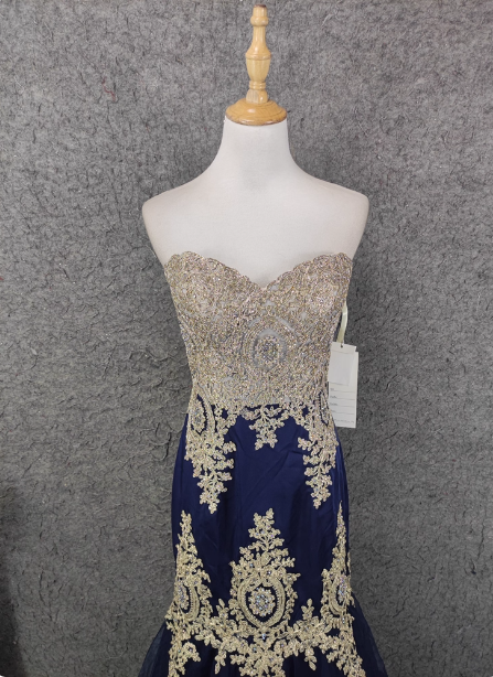 Vintage Navy Blue Sweetheart Neck Lace Rhinestone-Embellished Tulle Long Prom Dresses Evening Dresses