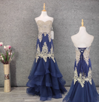 Vintage Navy Blue Sweetheart Neck Lace Rhinestone-Embellished Tulle Long Prom Dresses Evening Dresses