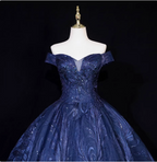 Vintage Navy Blue Off-The-Shoulder Beaded Embroidered Tulle Prom Dresses Evening Dresses