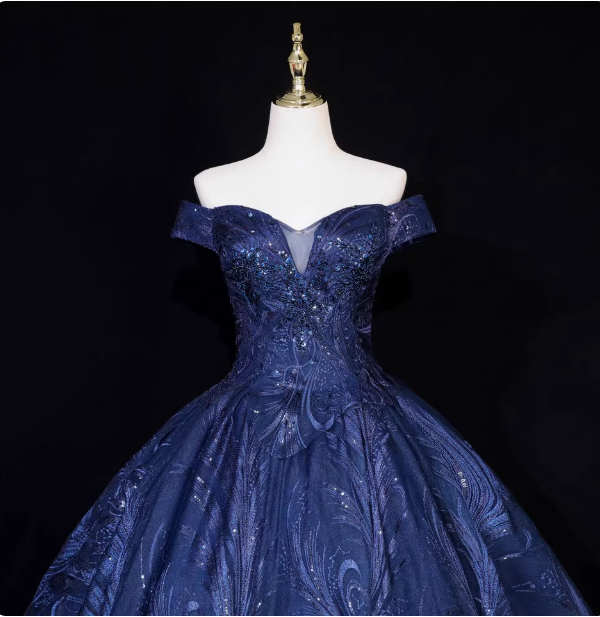 Vintage Navy Blue Off-The-Shoulder Beaded Embroidered Tulle Prom Dresses Evening Dresses