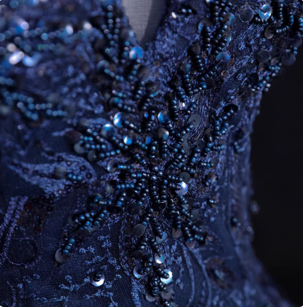 Vintage Navy Blue Off-The-Shoulder Beaded Embroidered Tulle Prom Dresses Evening Dresses