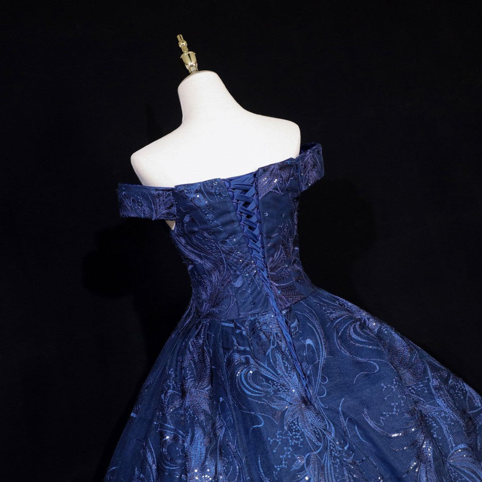 Vintage Navy Blue Off-The-Shoulder Beaded Embroidered Tulle Prom Dresses Evening Dresses