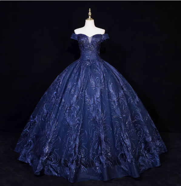 Vintage Navy Blue Off-The-Shoulder Beaded Embroidered Tulle Prom Dresses Evening Dresses Main image