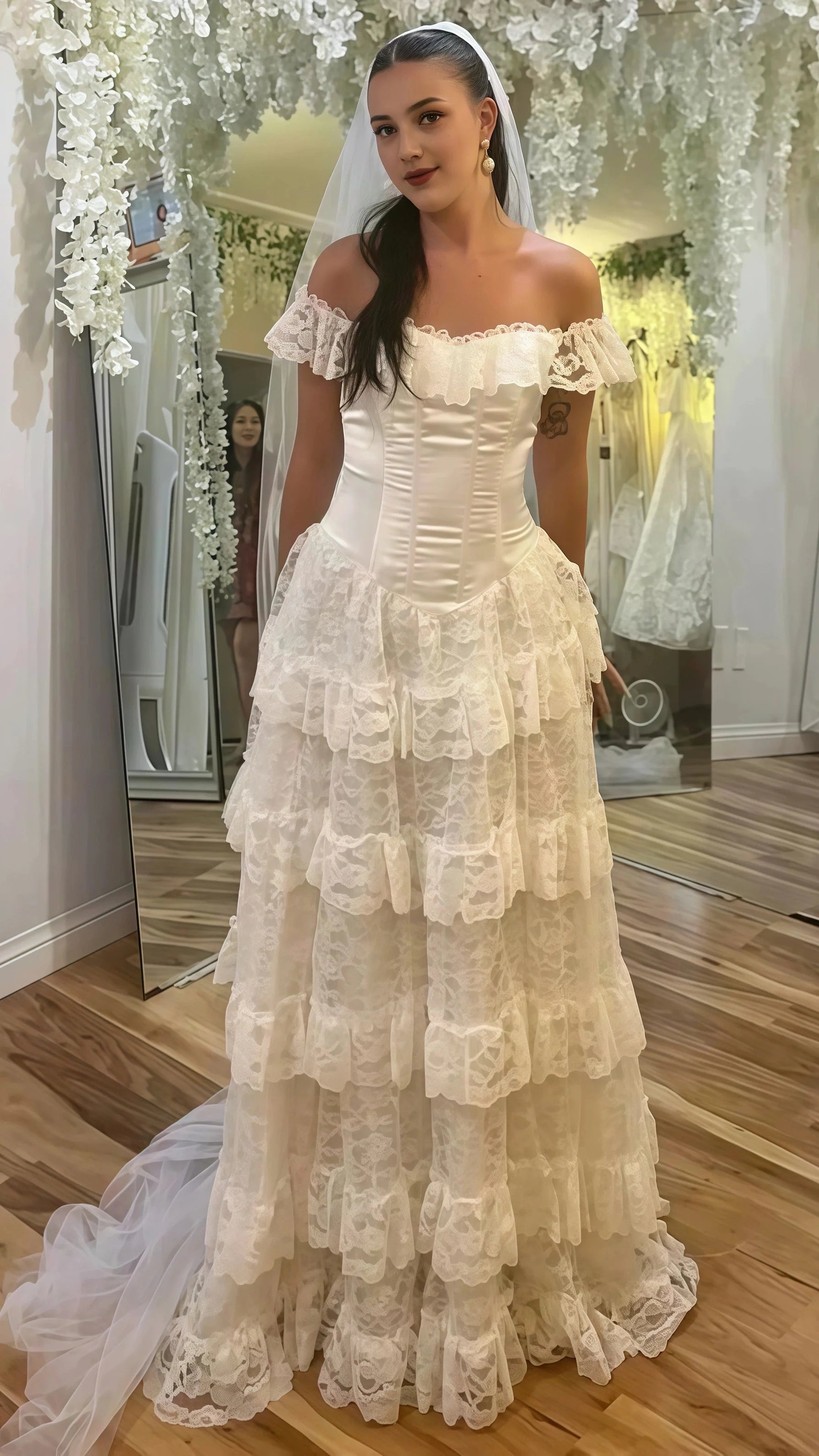 Vintage Off White Lace Wedding Dress, Ruffle Floor Length Bridal Dresses Main image