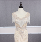 Vintage Off-White Mermaid Crew Neck Fringed Beaded Lace Train Prom Dresses Evening Dresses