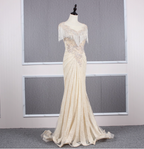 Vintage Off-White Mermaid Crew Neck Fringed Beaded Lace Train Prom Dresses Evening Dresses