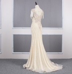 Vintage Off-White Mermaid Crew Neck Fringed Beaded Lace Train Prom Dresses Evening Dresses