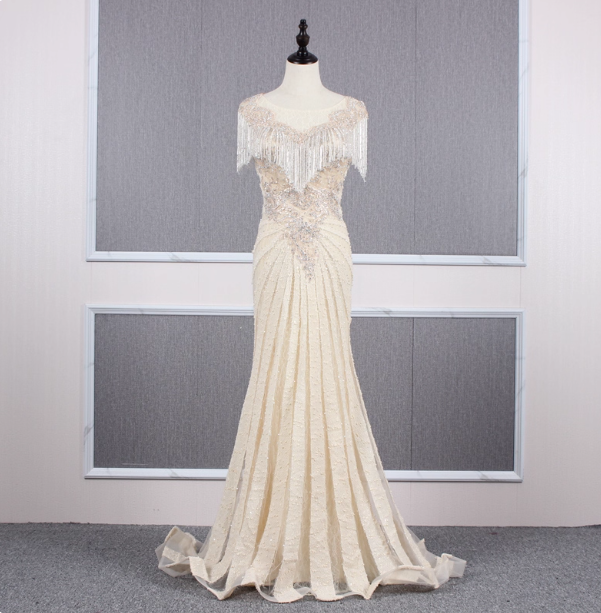 Vintage Off-White Mermaid Crew Neck Fringed Beaded Lace Train Prom Dresses Evening Dresses
