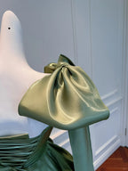 Vintage Olive Green A-Line Bow Strap Satin Tea-Length Prom Dresses Evening Dresses