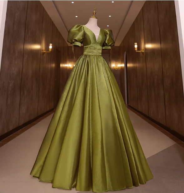Vintage Olive Green Deep V-Neck Puff Sleeve Satin Long Prom Dresses Evening Dresses Secondary image