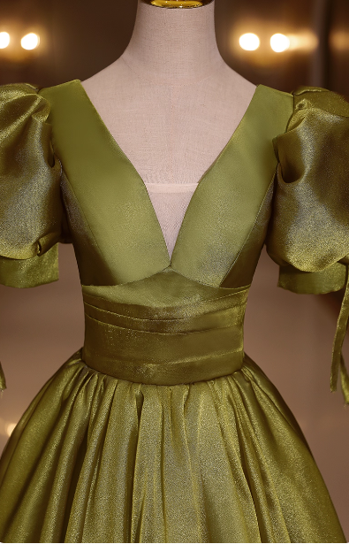 Vintage Olive Green Deep V-Neck Puff Sleeve Satin Long Prom Dresses Evening Dresses