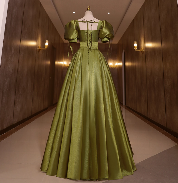 Vintage Olive Green Deep V-Neck Puff Sleeve Satin Long Prom Dresses Evening Dresses