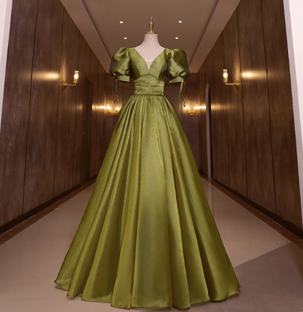 Vintage Olive Green Deep V-Neck Puff Sleeve Satin Long Prom Dresses Evening Dresses Main image
