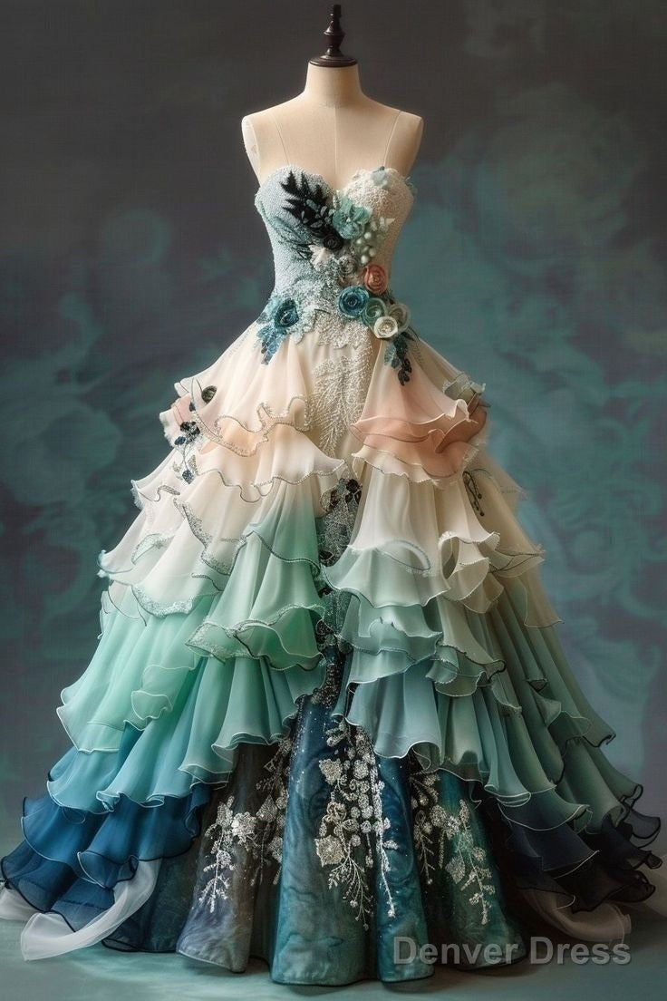 Vintage Ombre A Line Sweetheart Chiffon Long Ball Gowns Embroidered Applique Sweet Floral Prom Dresses Secondary image