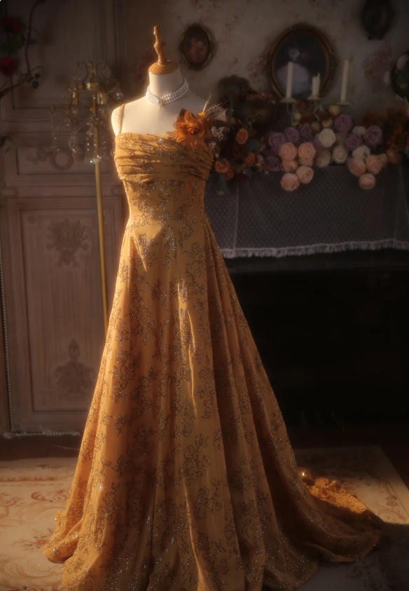 Vintage Orange A-Line Spaghetti Strap Sequined Floral Train Prom Dresses Evening Dresses Main image