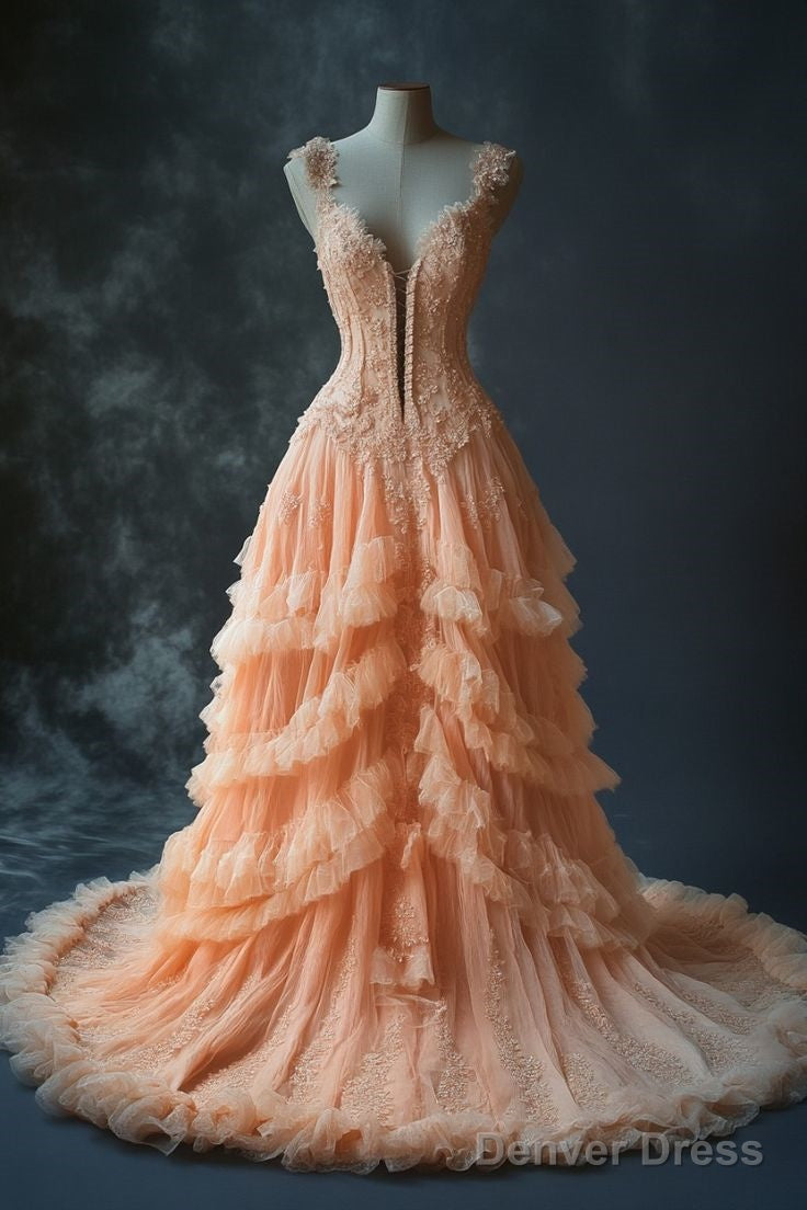 Vintage Pastel Orange Mermaid V Neck Tulle Applique Long Prom Dress Sweet Beaded Prom Dresses Secondary image