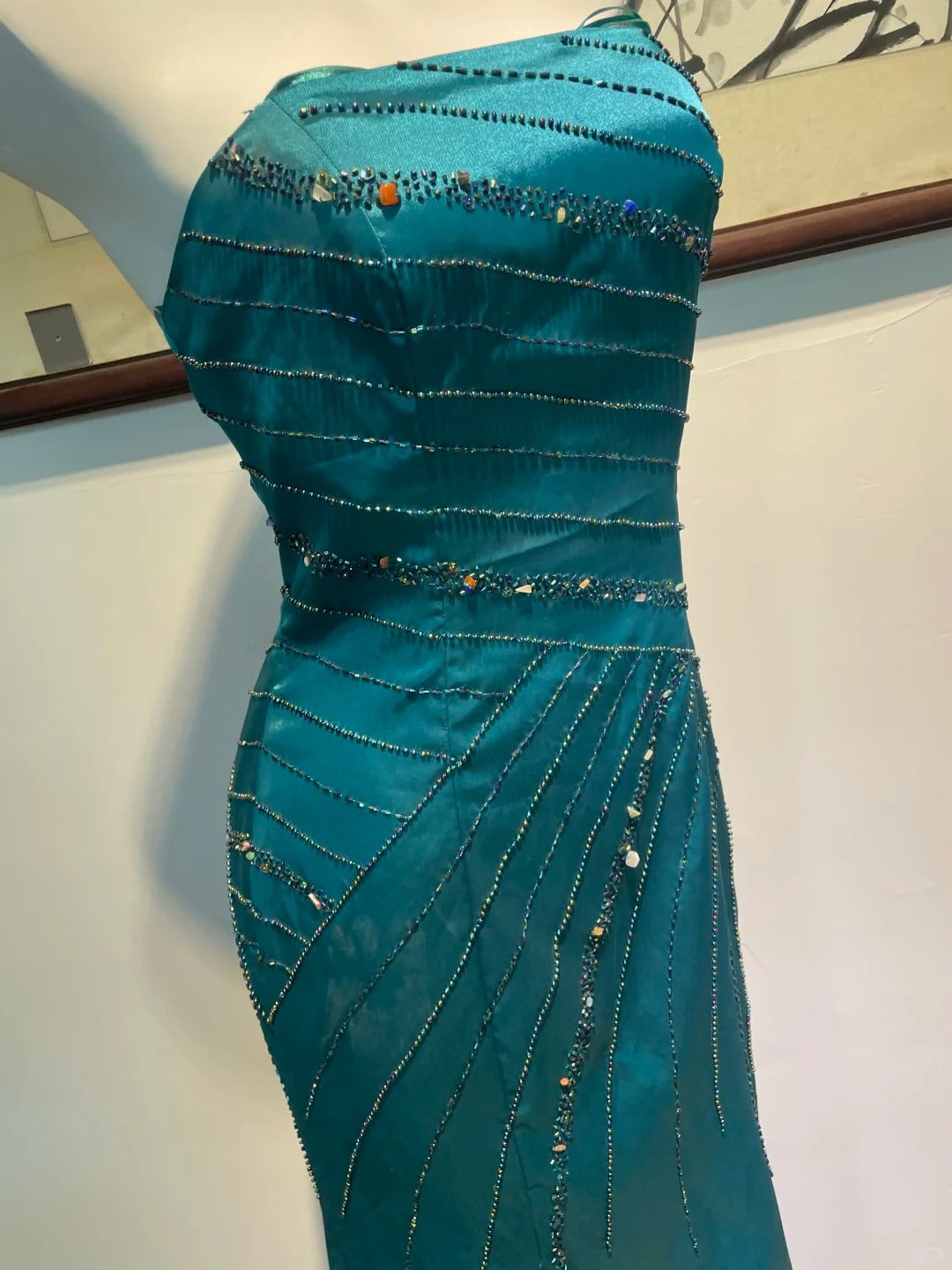Vintage Peacock Blue Mermaid Strapless Beaded Satin Long Prom Dresses Evening Dresses