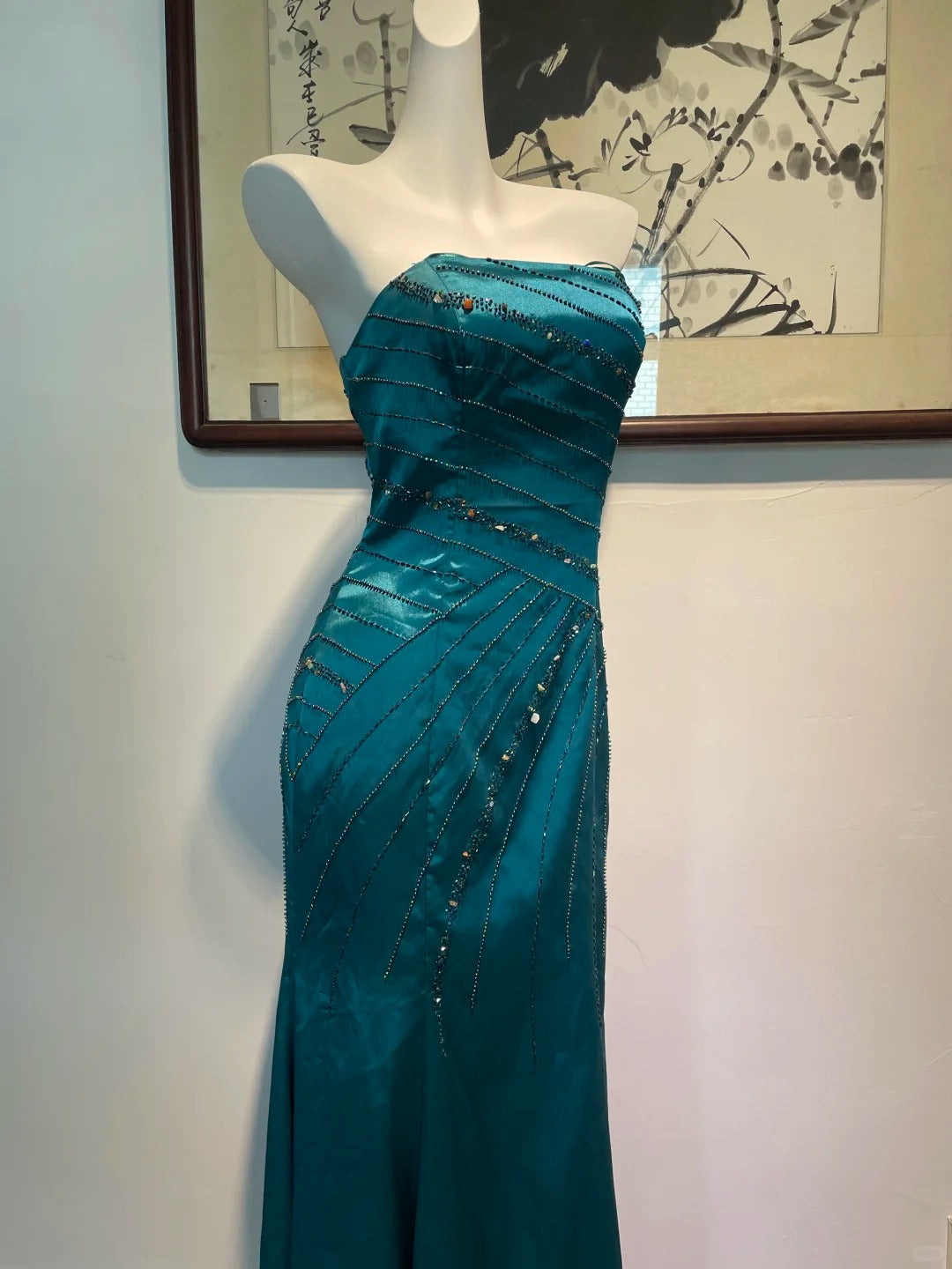 Vintage Peacock Blue Mermaid Strapless Beaded Satin Long Prom Dresses Evening Dresses
